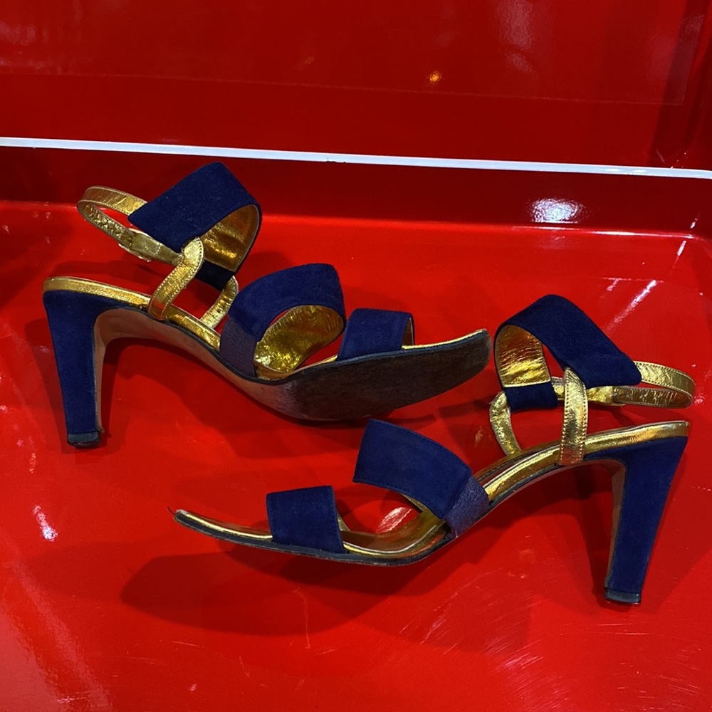 Ann Klein Couture Suede Indigo Blue & Gold 3 Strap heeled sandals Vintage 6 EUC